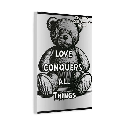 Love Conquers All Teddy Bear Canvas Matte Stretched Wall Art Monochrome Vintage Style On 1.25 Inch Stretcher Frame - One OF One CreaXtions