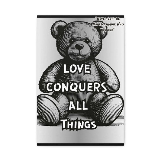 Love Conquers All Teddy Bear Canvas Matte Stretched Wall Art Monochrome Vintage Style On 1.25 Inch Stretcher Frame - One OF One CreaXtions