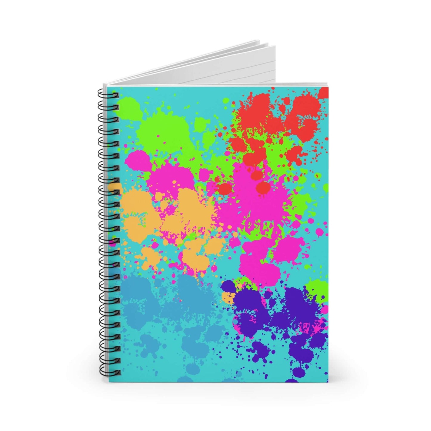 Colorful ruled spiral notebook with vibrant paint splatters on a turquoise background, perfect for creative note-taking.