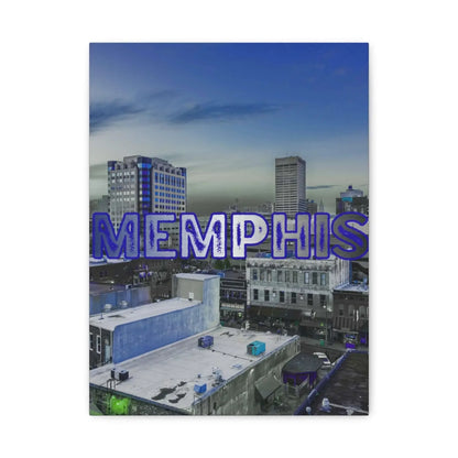 Memphis City Skyline Wall Art Stretched Canvas Vertical 12 by 16 and 16 by 20 Inches Neon Blue Lettering Twilight Sky - One OF One CreaXtions
