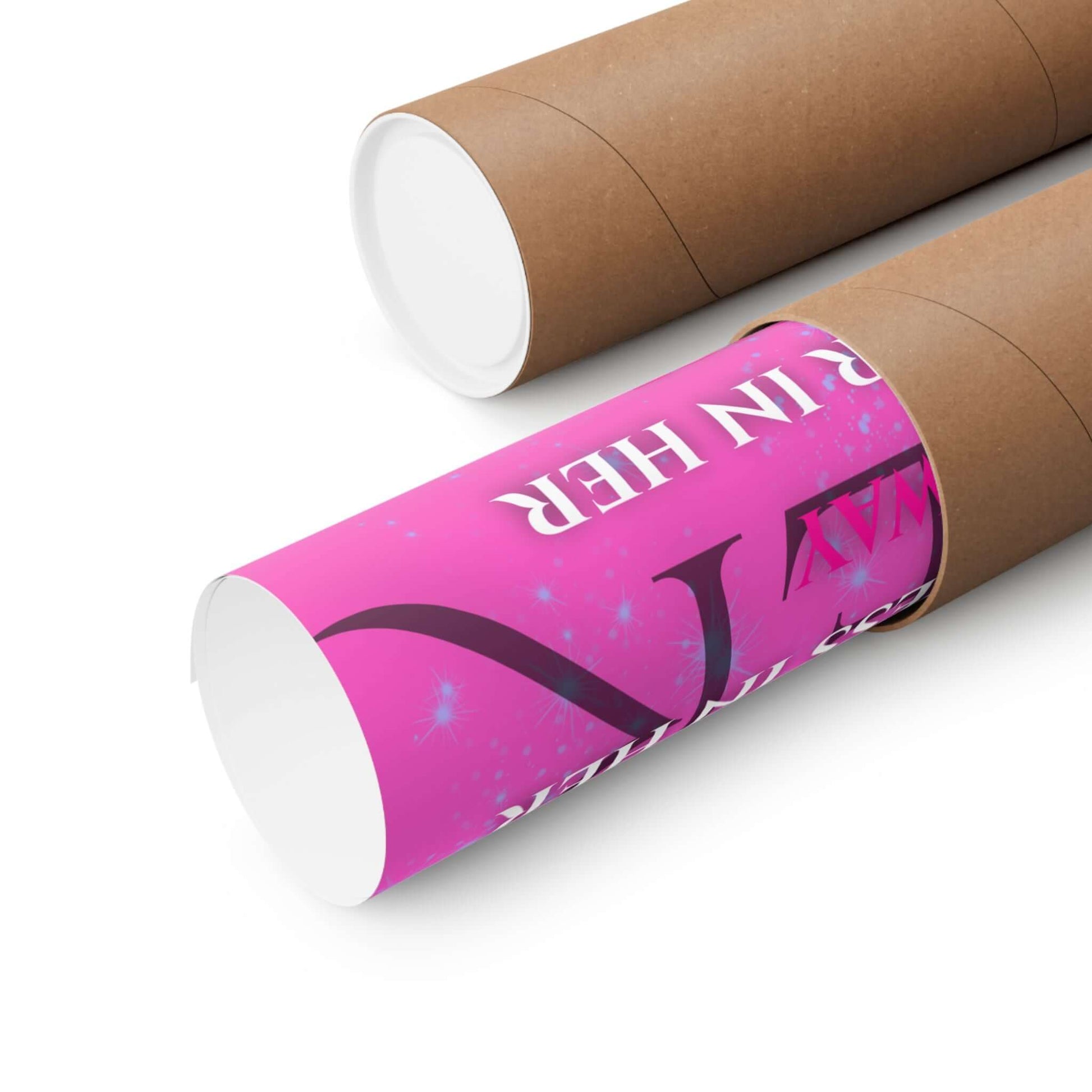Empowerment wall art poster rolled in a brown tube, showcasing vibrant pink design and bold typography.