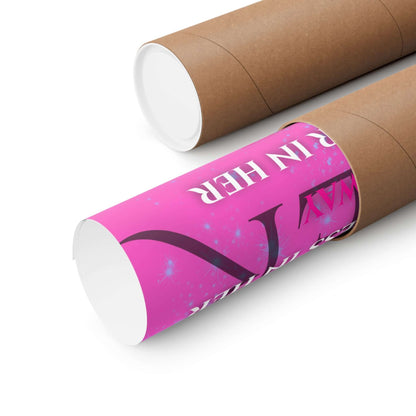 Empowerment wall art poster rolled in a brown tube, showcasing vibrant pink design and bold typography.