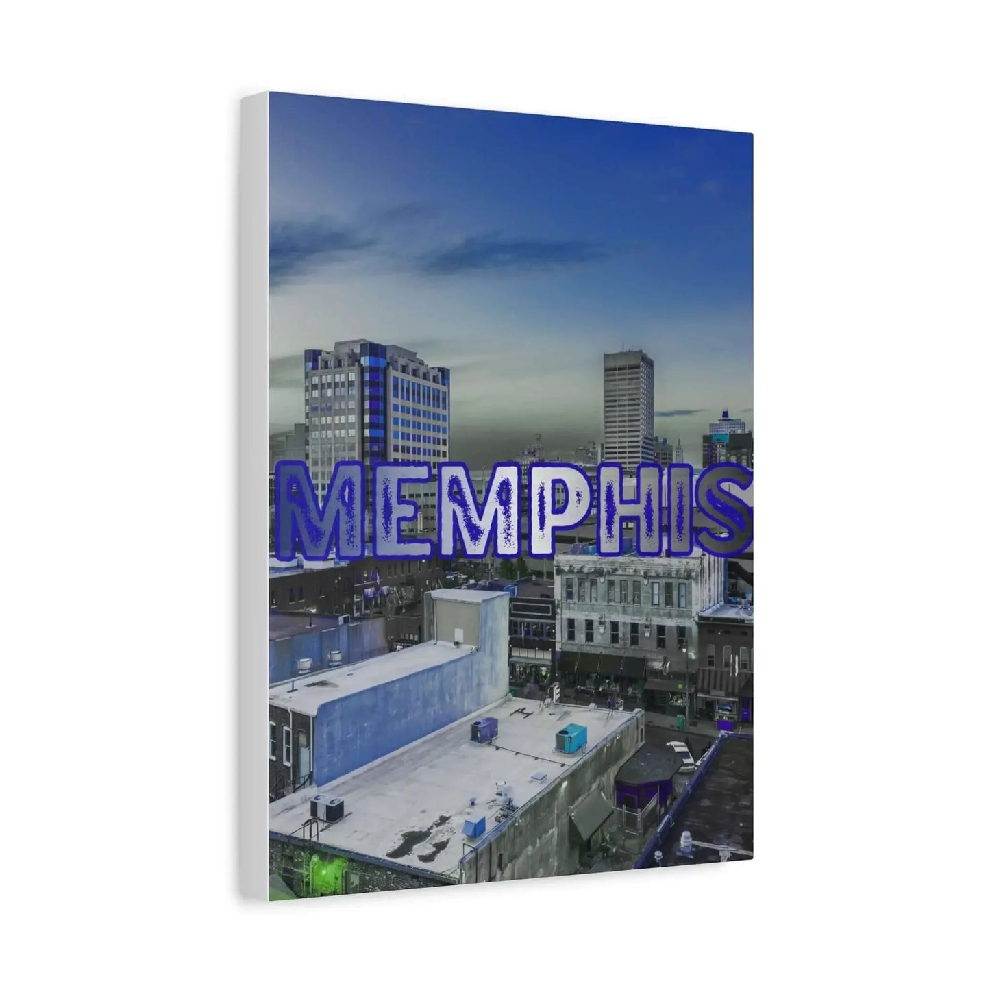 Memphis City Skyline Wall Art Stretched Canvas Vertical 12 by 16 and 16 by 20 Inches Neon Blue Lettering Twilight Sky - One OF One CreaXtions