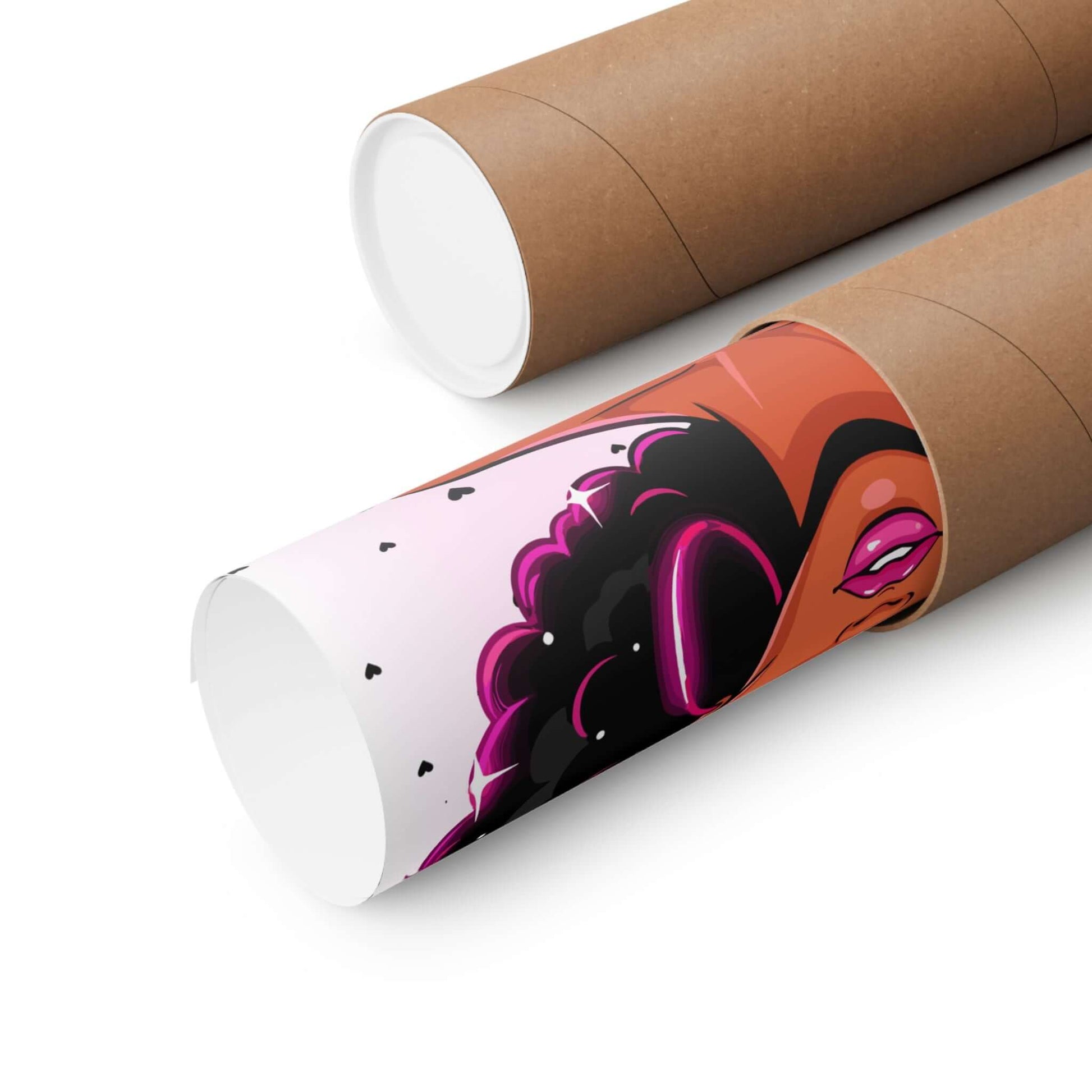 Afro Chic self-love poster rolled and packaged in a brown tube, showcasing vibrant artwork and design.