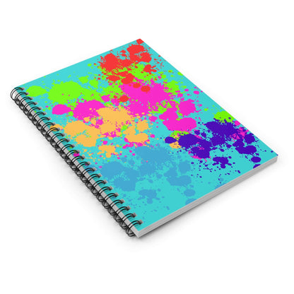 Colorful ruled spiral notebook with vibrant paint splatters on turquoise cover, perfect for notes and lists.