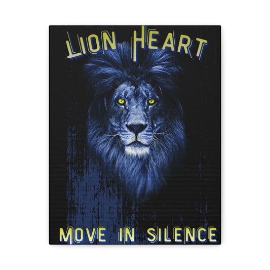 Lion Heart Move in Silence canvas art featuring a striking lion design on a matte stretched canvas.