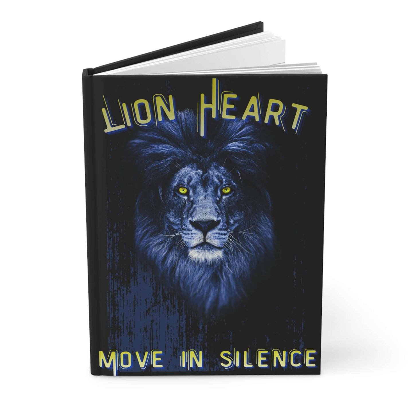 Lion Heart Hardcover Journal featuring a lion design with the phrase 'Move in Silence' on the cover.