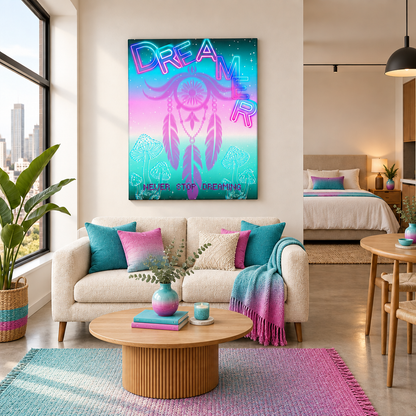 Color-coordinated DREAMER canvas studio apartment mockup