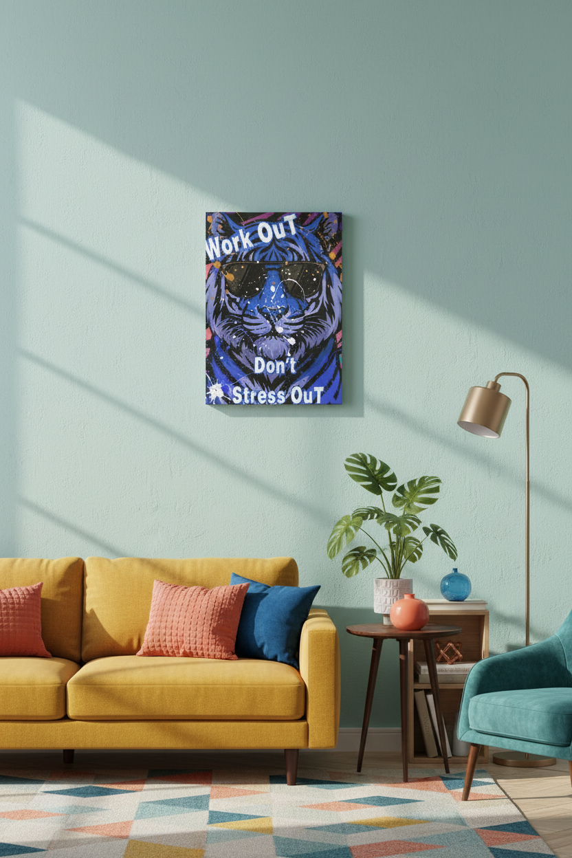 Don't Stress Out canvas displayed in a vibrant colorful modern room